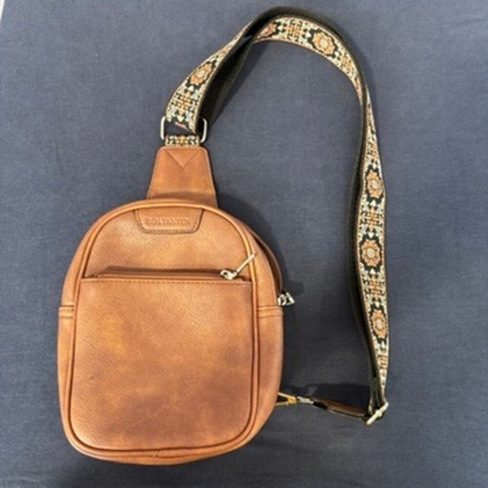 Crossbody Faux Brown Leather Bag with Woven Strap OSFA